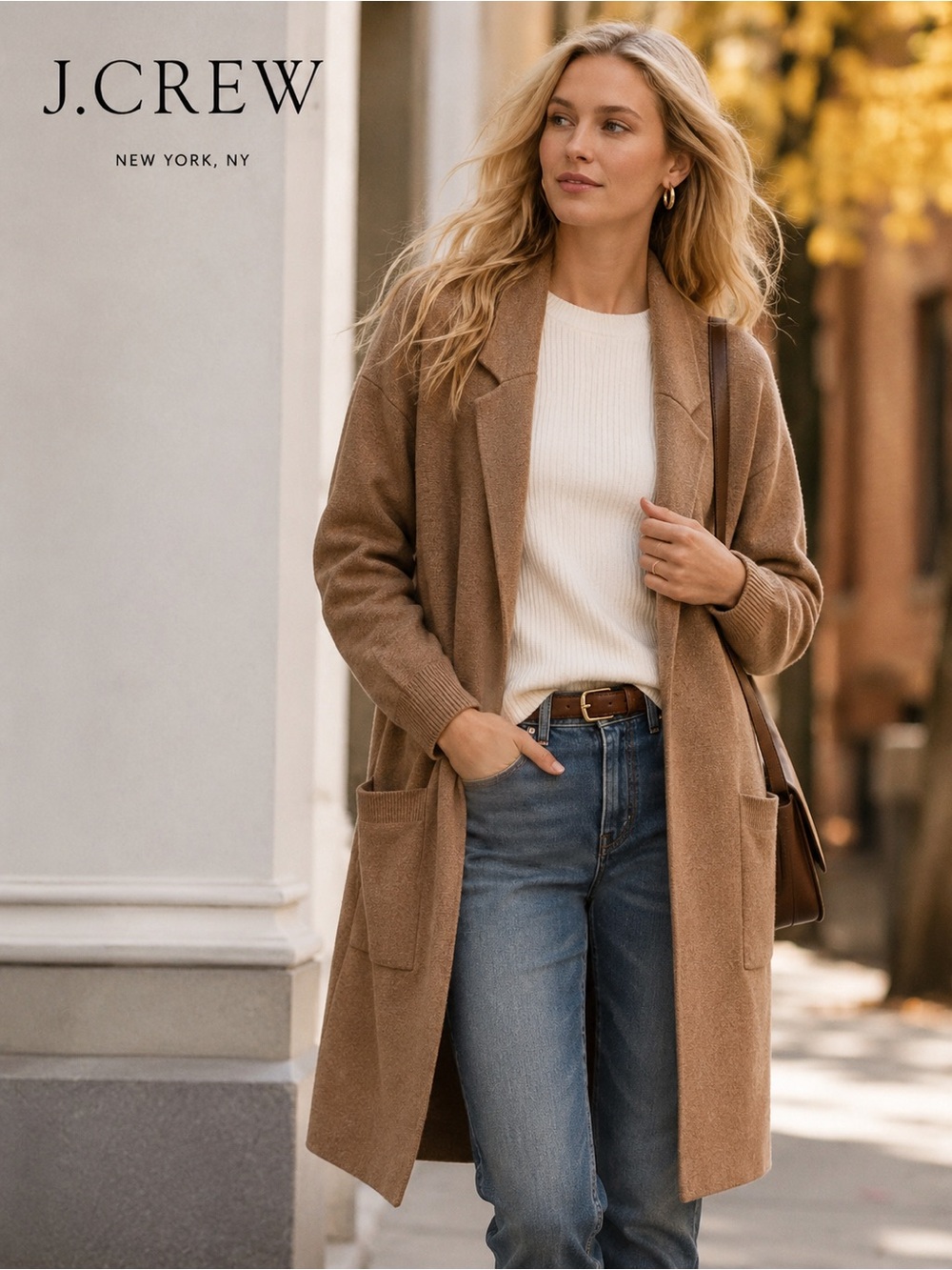J.Crew Ella Wool Open-Front Long Sweater-Blazer Brown - Picture 2 of 5